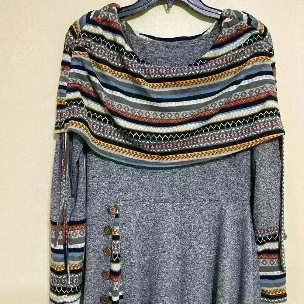 Boho Dress Women's Boat Neck Drawstring Ruched Long Sleeve Geometric size M - Picture 5 of 13